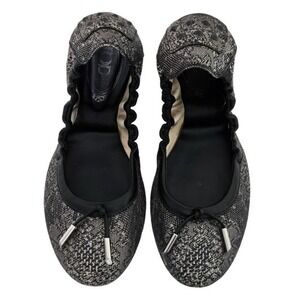 Tod's Metallic‎ Silver Gray Jacquard & Black Leather Ballet Flats- EU 39, US 9